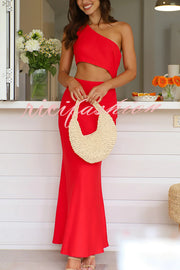 Solid Color Sexy One Shoulder Off Waist Maxi Dress