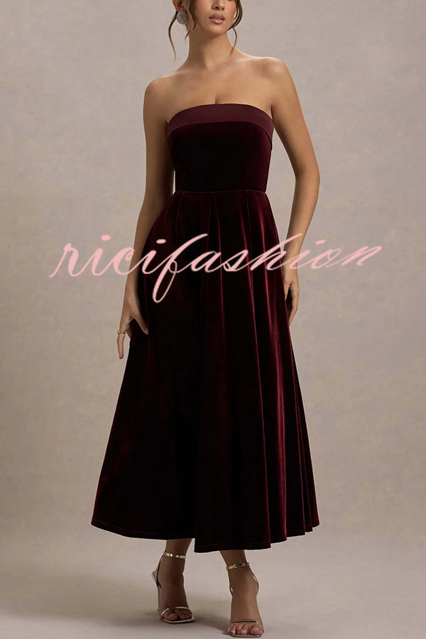 Center of Attention Velvet Satin Neck Bandeau Pleated Midi Dress