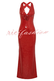 Sicilian Rose Sequin Three-dimensional Floral Sexy Backless Maxi Dress