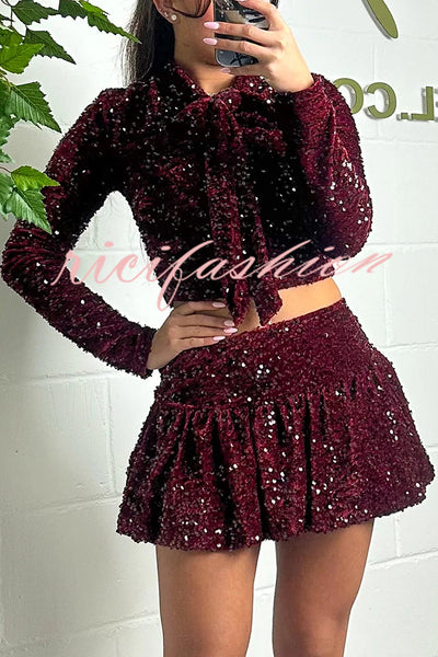 Solid Velvet Sequined Long Sleeve Tie Top and Seersucker Mini Skirt Set