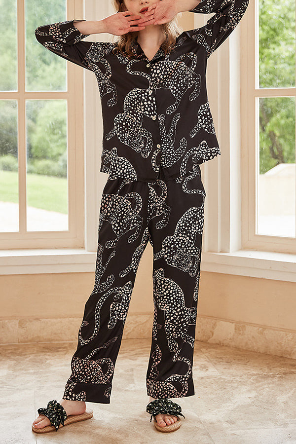 Black Jaguar Print Home Long-sleeved Two-piece Set