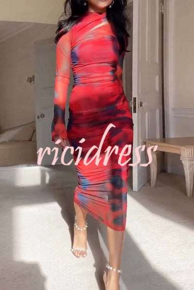 Won The Attention Mesh Tie Dye Ruched Midi Dress