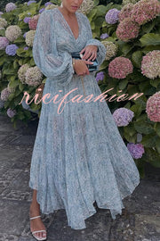 Dreamy Seaside Floral Balloon Sleeve Pleated Lightweight Maxi Dress