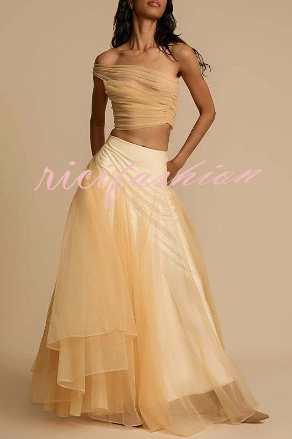 Romance Factor Satin Patchwork Tulle High Rise Elastic Waist A-line Maxi Skirt