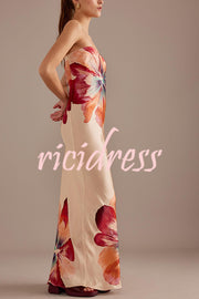 Charming Lady Satin Floral Print Bandeau Loose Maxi Dress