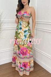 Mexico Style Tropical Print Ring Cutout Lace-up Vacation Maxi Dress