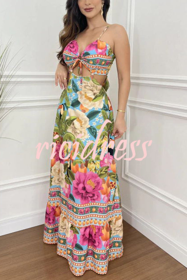 Mexico Style Tropical Print Ring Cutout Lace-up Vacation Maxi Dress