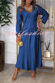 Solid Color V-neck Long-sleeved Loose Draped Maxi Dress