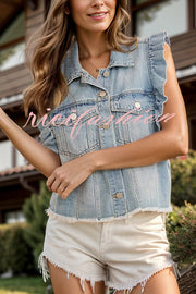 Stylish Lapel Single-breasted Ruffle Sleeve Loose Denim Jacket