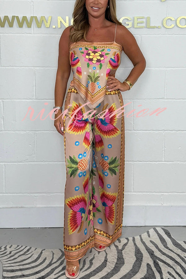 Parrot Satin Unique Print Scarf Tank and Elastic Waist Wide Leg Pants Set