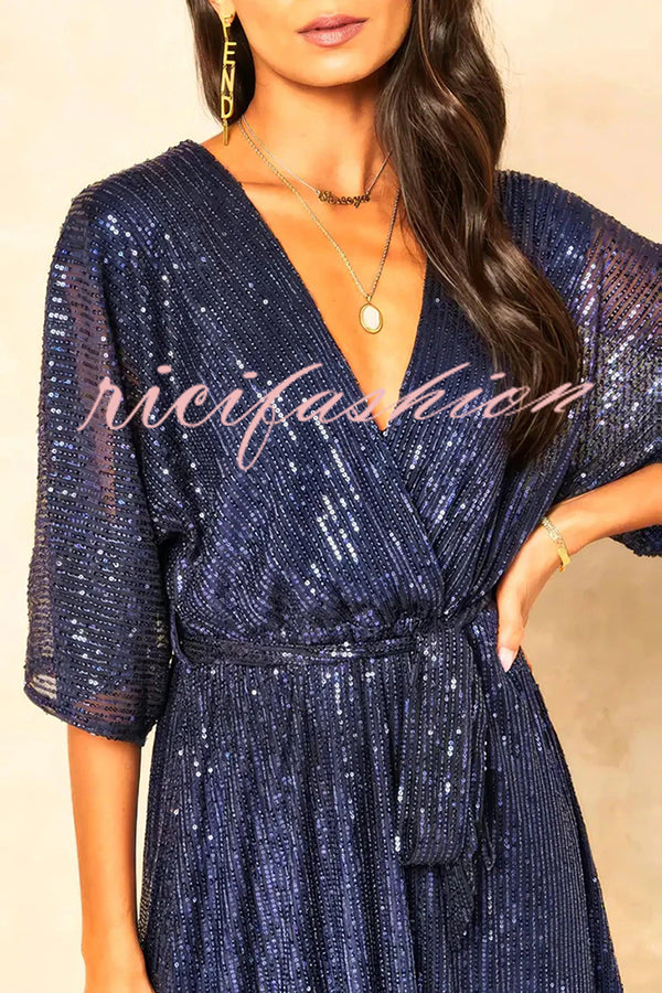 Solid Color Sequined V-neck Waist Tie Loose Maxi Dress