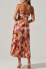 Wedding Party Season Floral Print Pleated Back Tie-up Midi Dress