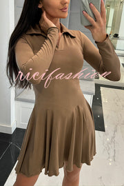 Solid Color Lapel Long Sleeve Slim Fit Waist Mini Dress