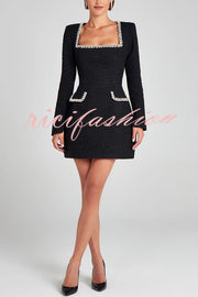 Girly and Glamorous Tweed Fabric Pearl Trim Long Slit Sleeve Pocketed Mini Dress