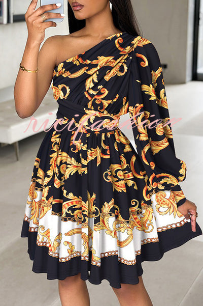 Stylish Printed One Shoulder Tighten Waist Mini Dress