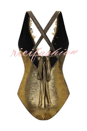 Solid Color Shiny Fabric Deep V Metal Embellished Stretch One-piece Swimsuit