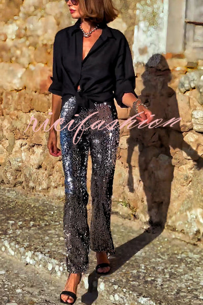 Pursue Shine Sequin High Rise Elastic Waist Flare Pants