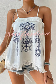 Ethnic Embroidered Adjustable Straps Fringed Top