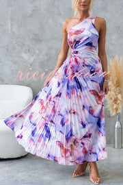 Laken Floral Print One Shoulder Adjustable Tie Cutout Pleated Maxi Dress