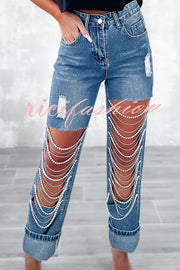 Casual Pocket Ripped Chain Embellished Straight Jeans