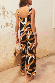 Printed Wide Straps Square Neck Tank and Pockets Elastic Waist Wide Leg Trousers Set