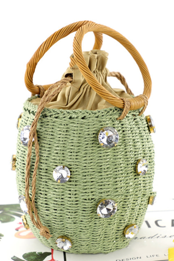 Fashionable Imitation Rhinestone Embellished Casual Barrel Rattan Bag