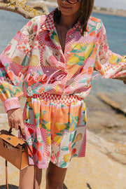 Leisurely Outings Summer Fruit Print Loose Long Sleeve Shirt and Elastic Waist Pocket Shorts Set