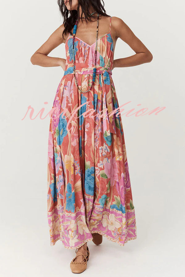 Painter's Garden Boho Floral Print Strappy A-line Maxi Dress