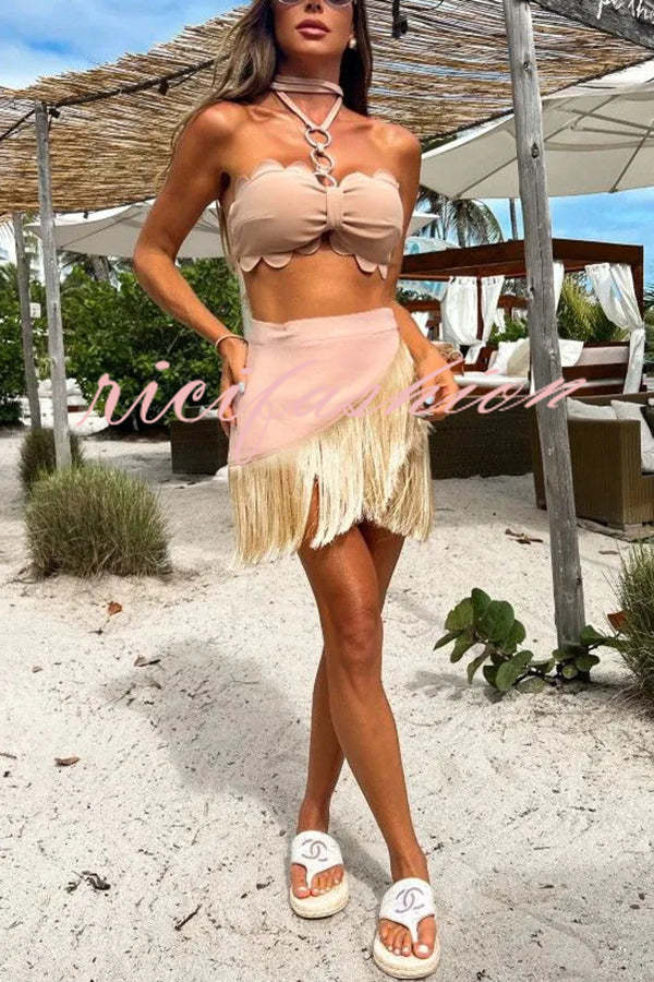 Solid Color Halter Neck Tassel Skirt Stretch Two-piece Bikini Swimsuit