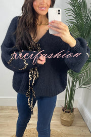 Fashionable Loose Long-sleeved Leopard Print Lace-up Knitted Sweater Cardigan