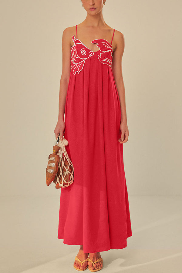 Red Fish Embroidered Sling Backless Maxi Dress