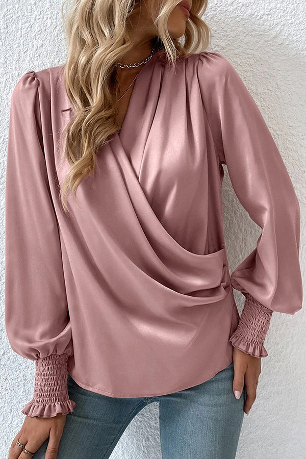 Satin Solid Color V-neck Lantern Sleeve Elegant Loose Shirt