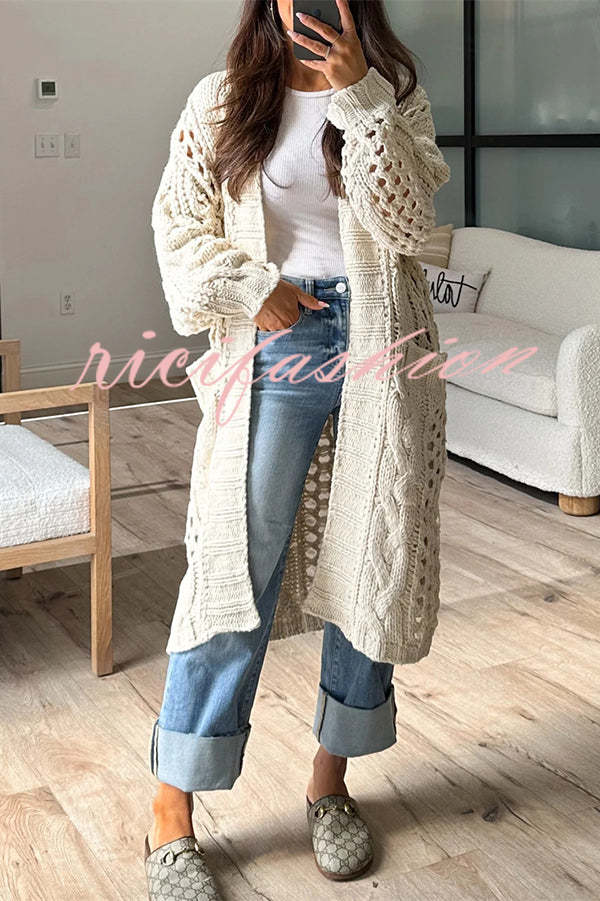 Jamila Knit Cable Cotout Long Sleeve Pocket Oversized Midi Cardigan