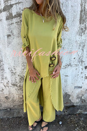 Jamilah Linen Blend Ring Detail Midi Blouse  and Elastic Waist Pocketed Loose Pants Set