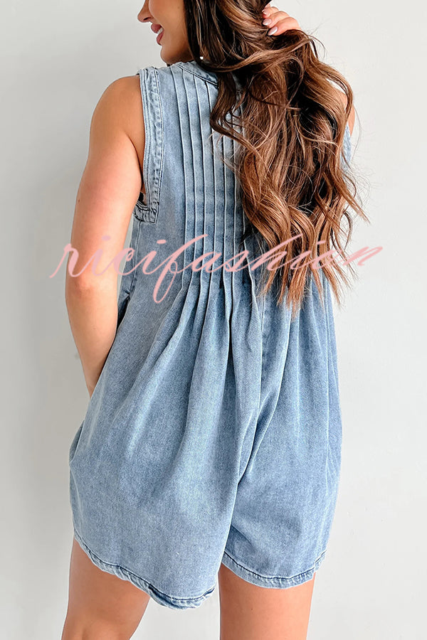 Downtown Daze Denim Pleated Tie-up Pocketed Loose Romper