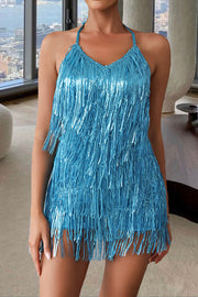 Shiny Sexy Halterneck Backless Lace-up Fringed Sequin Rompers