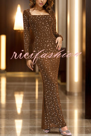 Forever Shimmering Rhinestone Mesh Square Neck Long Sleeve Stretch Maxi Dress