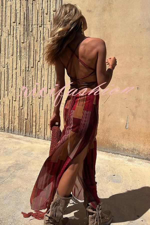 Gypsy Style Unique Print Cowl Neck Back Lace-up Slit Midi Dress