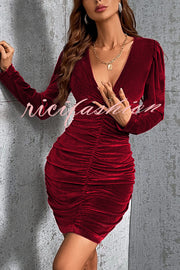 Solid Color Velvet Sexy V-neck Long Sleeve Ruched Mini Dress