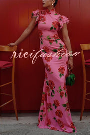 Cheongsam Style Rose Floral Print Tiered Flare Sleeve Stretch Maxi Dress