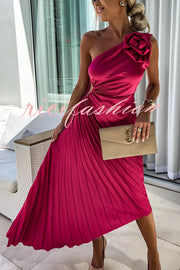 Romantic Nights Satin Raised Flower Elastic Cutout One Shoulder Pleated Maxi Dress