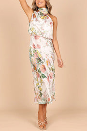 Wine Country Dates Floral Halter Neck Elastic Waist Satin Maxi Dress