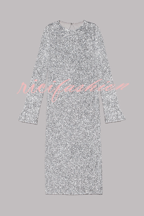 Ignite Sparkly Nights Sequin Extra Long Sleeve Open Back Loose Midi Dress