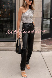 Hudgens Faux Leather High Rise Pocketed Loose Stretch Pants