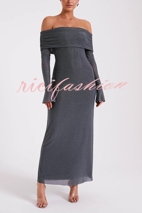 Sexy Shiny Off-The-Shoulder Long-Sleeved Fitted Maxi Dress