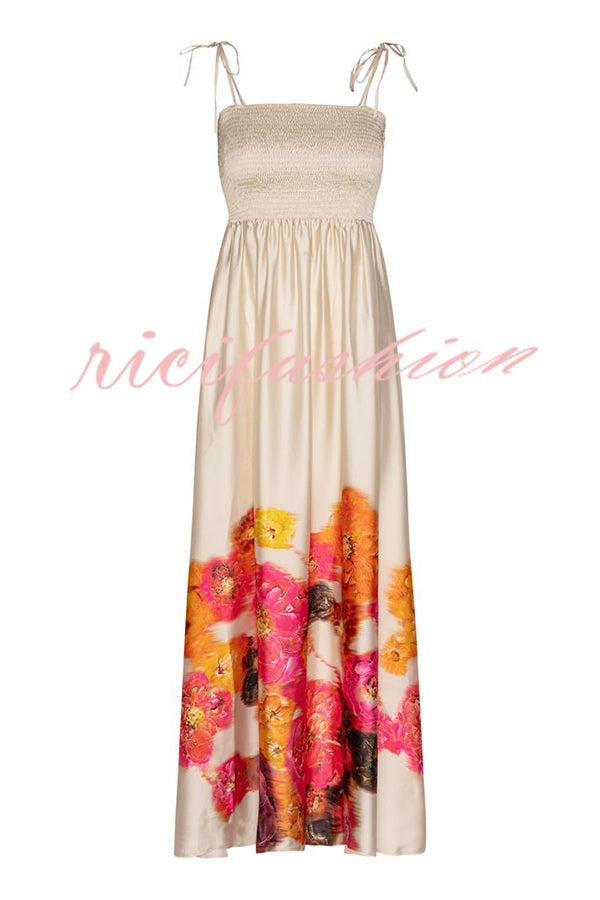 Hidden Garden Satin Floral Print Smocked Tie-up Shoulder Maxi Dress