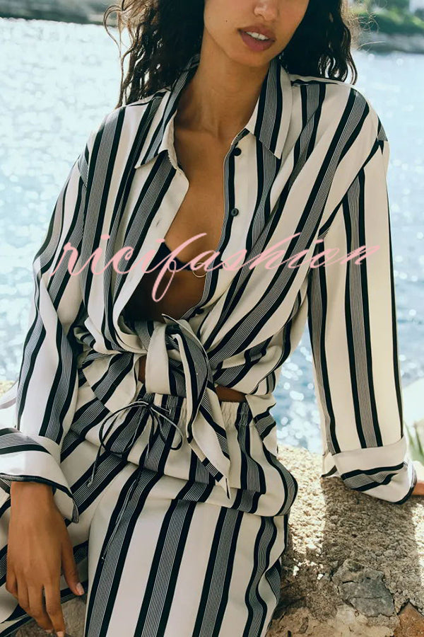 Lifetime of Happiness Striped Long Sleeve Loose Shirt and Elastic Waist Pocket Pants Set