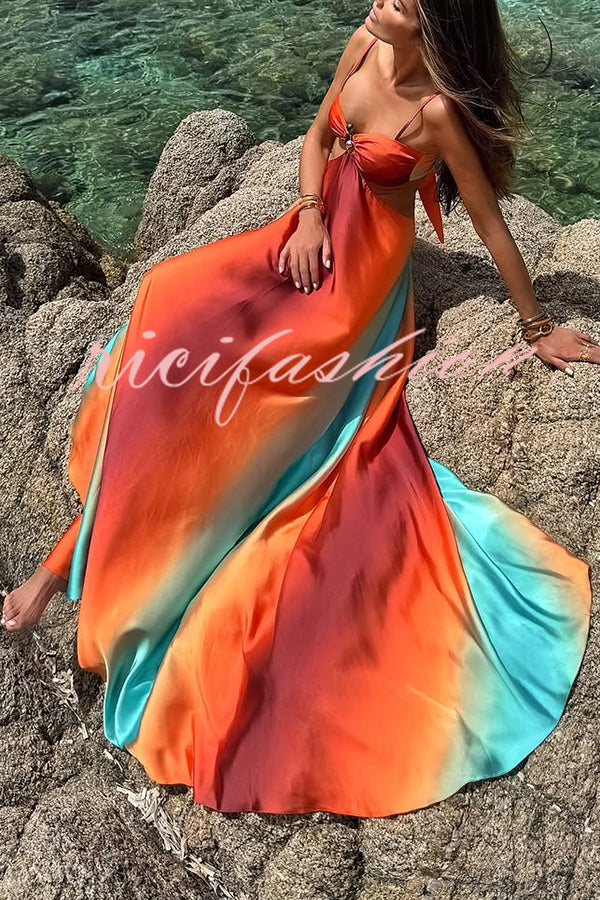 Neon Sunset Printed Metal Decoration Cutout Back Tie-up Vacation Maxi Dress