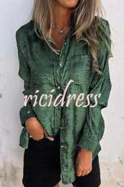 First and Fabulous Metallic Fabric Button Up Long Sleeve Loose Blouse