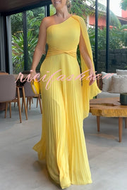 Kate Pleated One Shoulder Drape Sleeve Twist Waist Maxi Dress